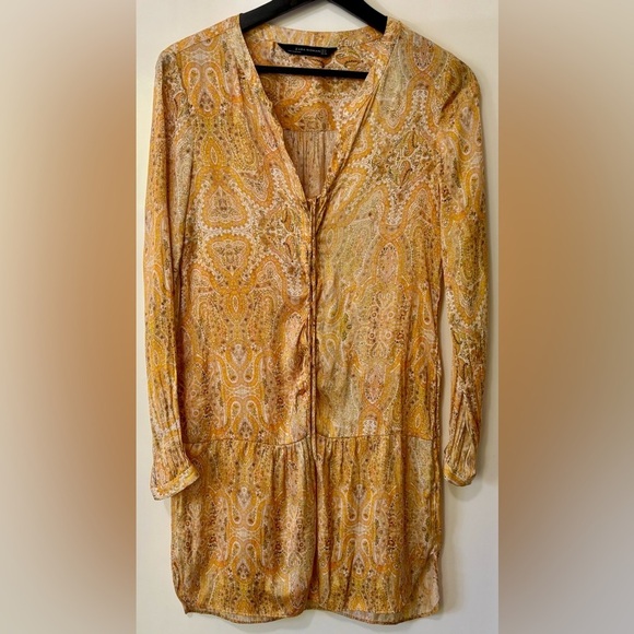 Zara| Boho Paisley Long Sleeve Yellow Gold Lightweight Tunic Mini-Dress Sz S - Picture 2 of 6